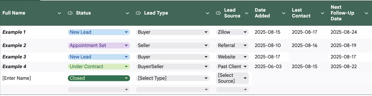 Example of the Real Estate Lead Tracking Spreadsheet