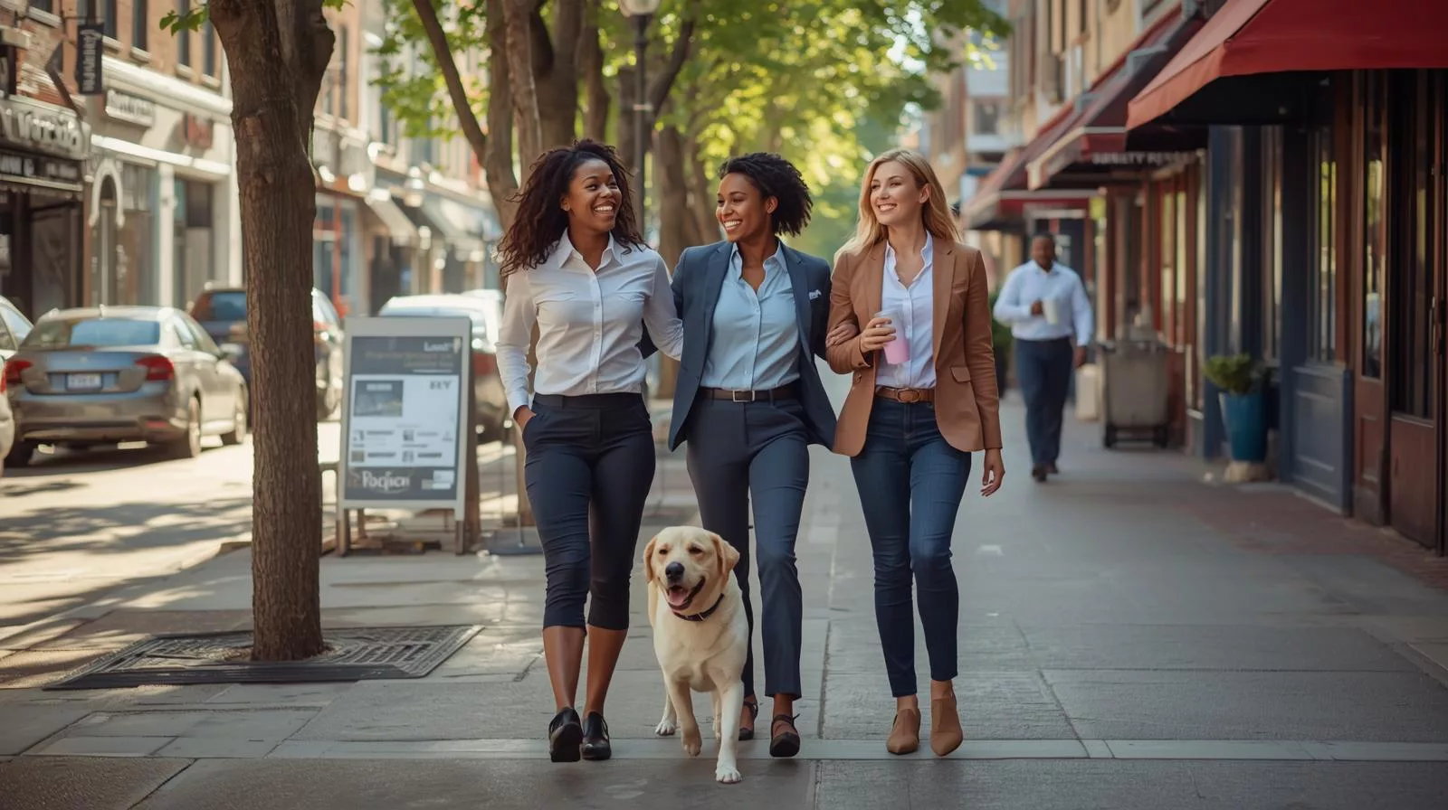 Real estate team walking in neighborhood