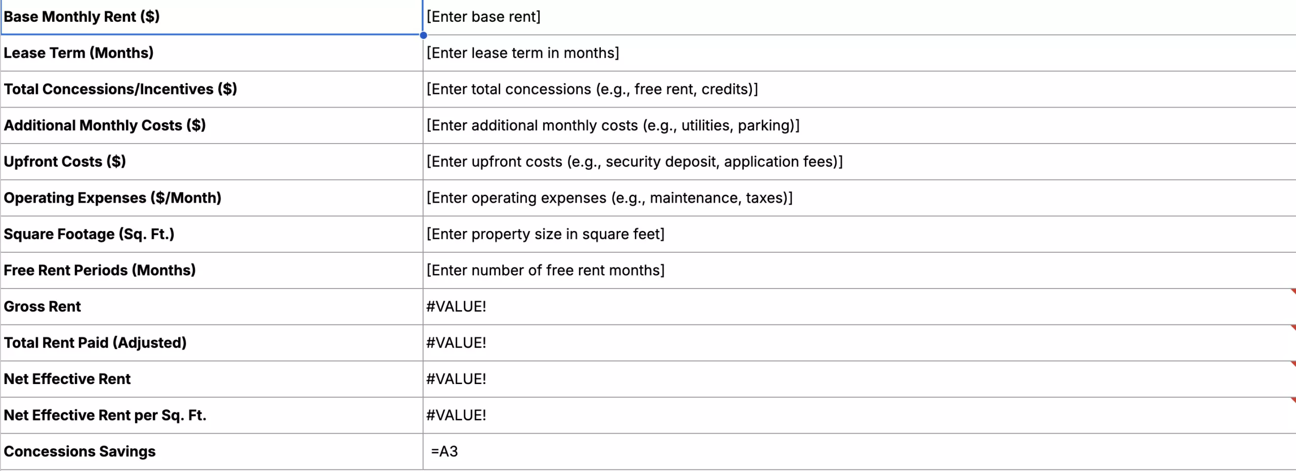 Net Effective Rent Spreadsheet Preview