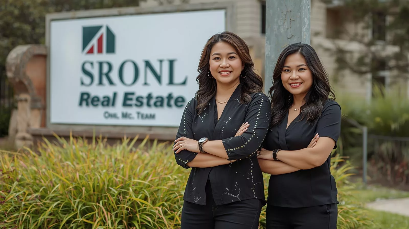 Team standing in front of office signage