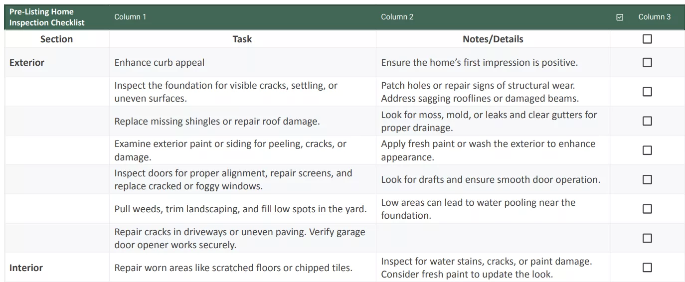 Thumbnail preview of the printable pre-listing home inspection checklist PDF