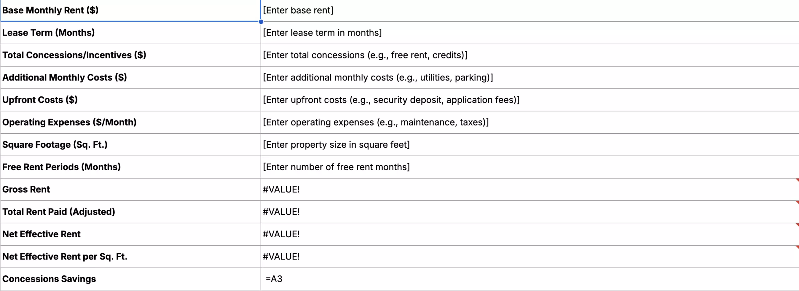 Net Effective Rent Spreadsheet Preview