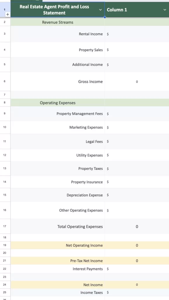 a real estate agent profit and loss statement example