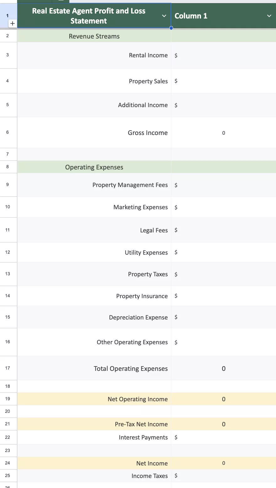 Example of the Real Estate Agent Profit and Loss Statement Template