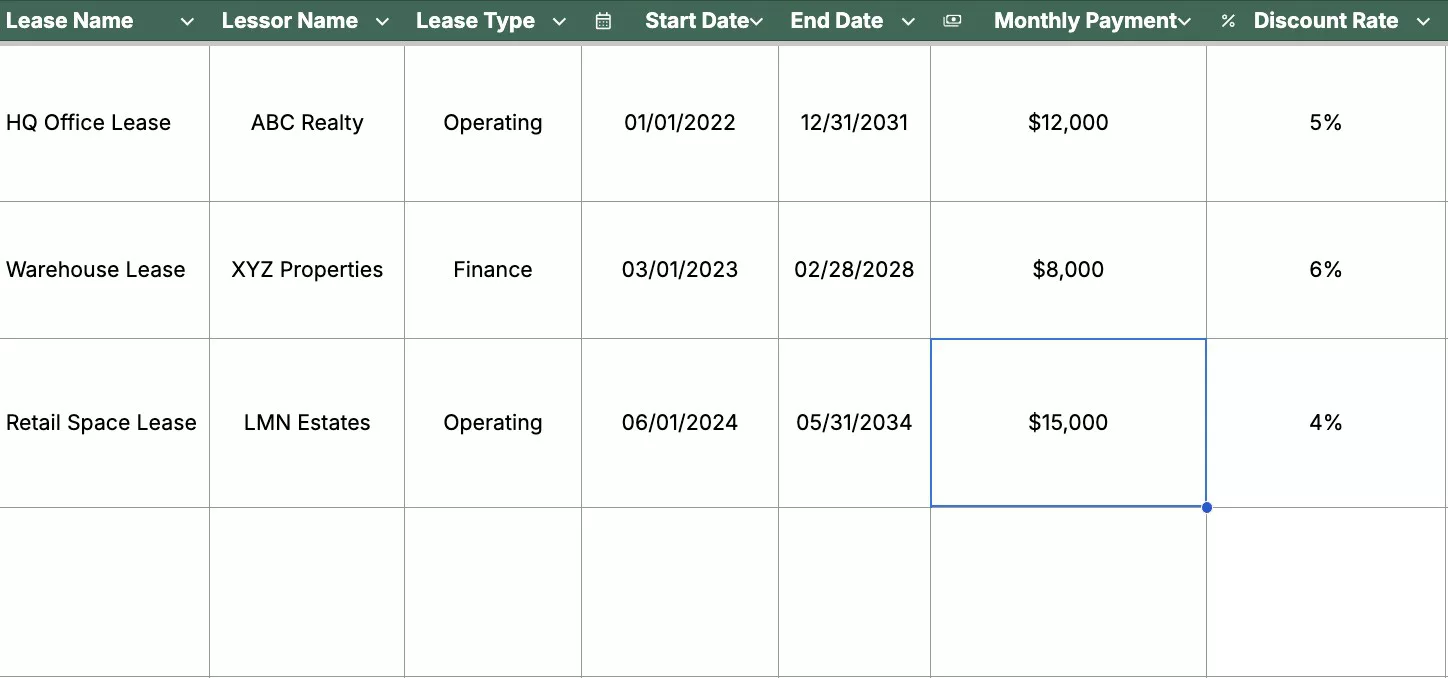 A preview of the lease accounting spreadsheet showing various fields for ROU asset, lease liability, and amortization.