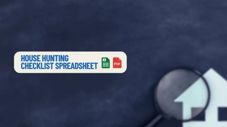 house hunting checklist spreadsheet next to a magnifying glass over a house