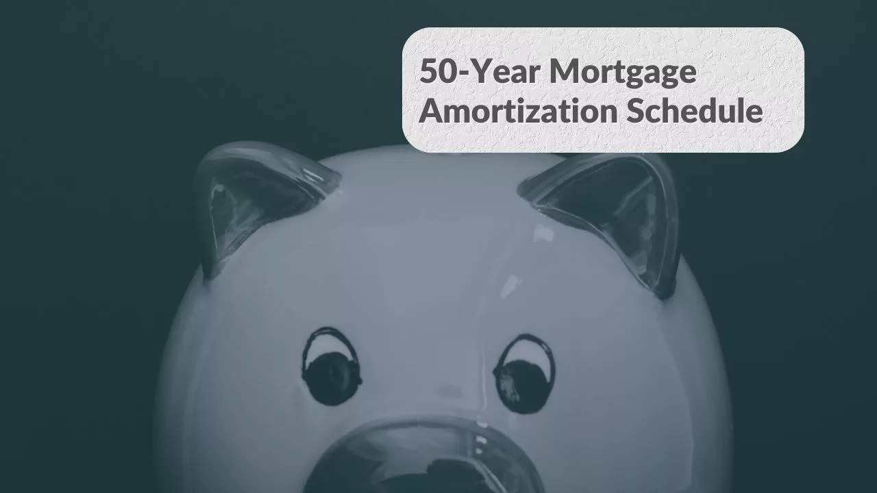 50 year amortization schedule next to a piggy bank