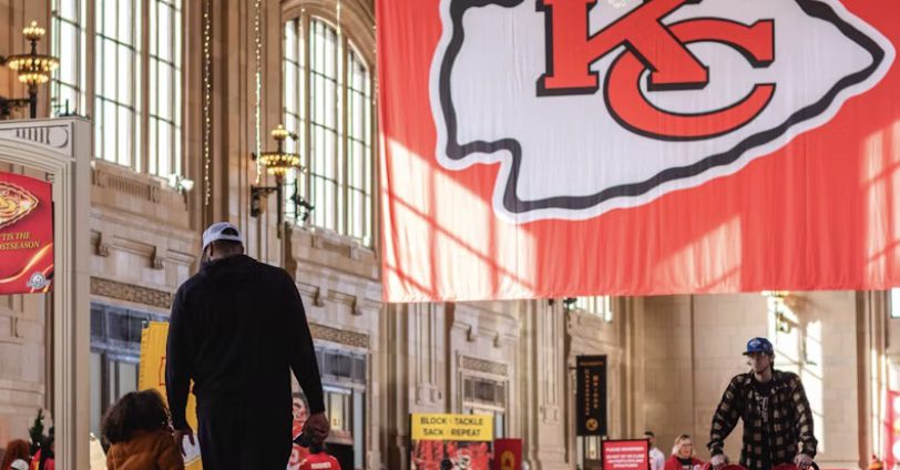 the kc chiefs flag hanging at crown center