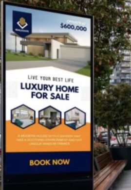 digital signage on a sidewalk that shows real estate for sale